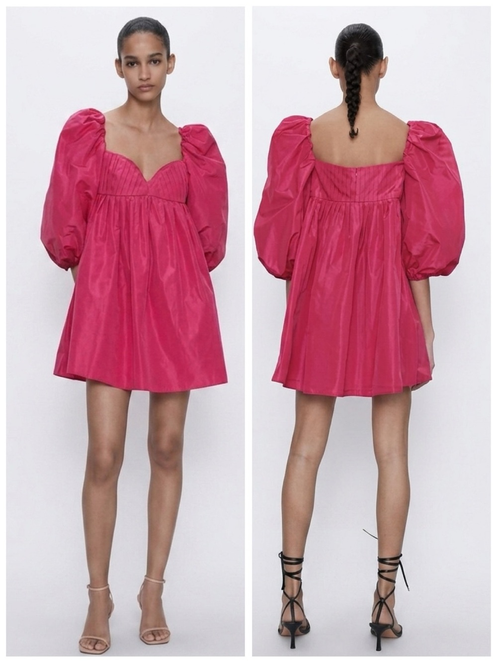 Zara NEW Hot Pink Poplin Puff Sleeve Mini Dress Babydoll Party Pleated Taffeta